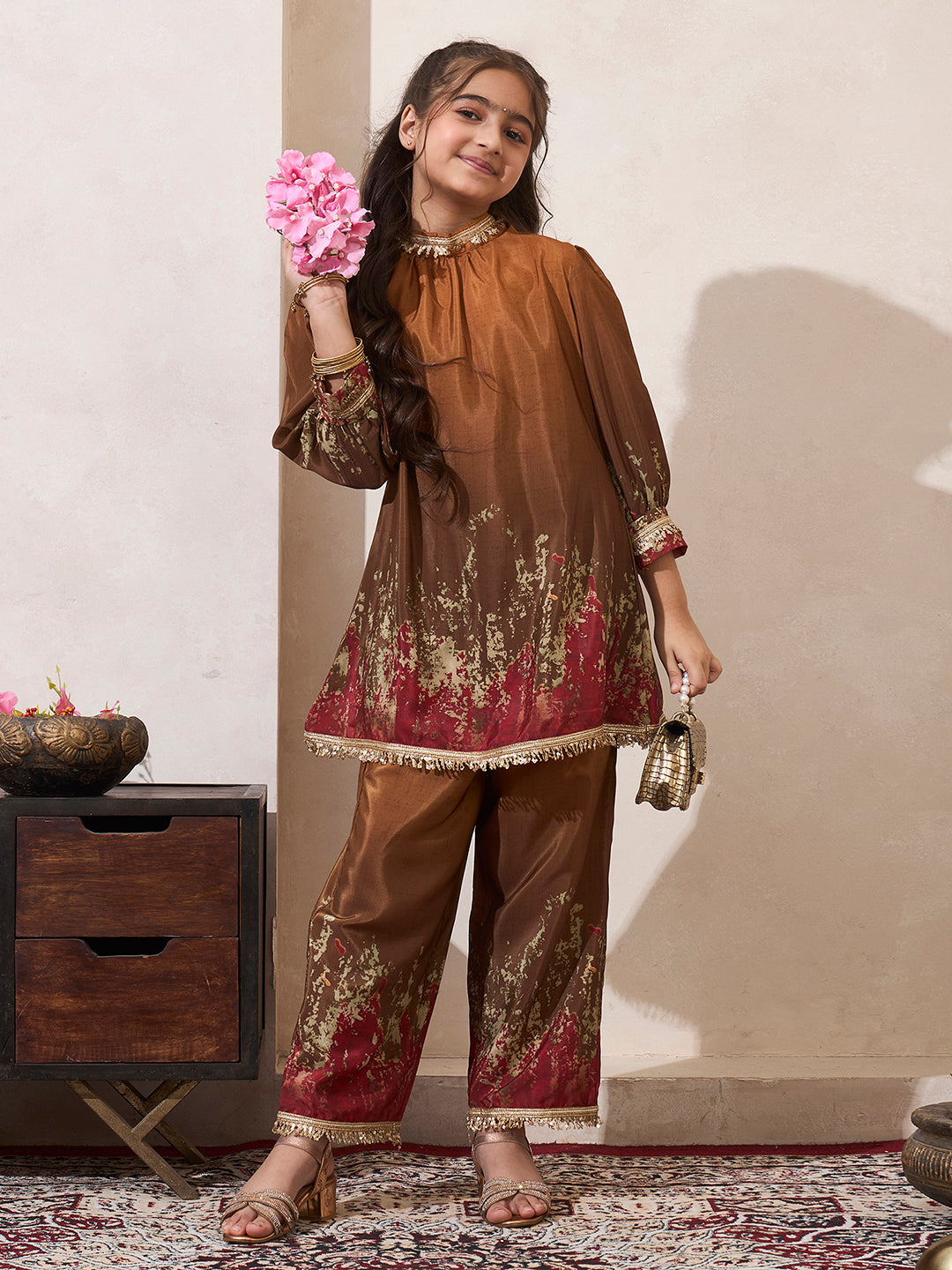 Tie-Dye Mustard Gathered Neck Kurta With Pant