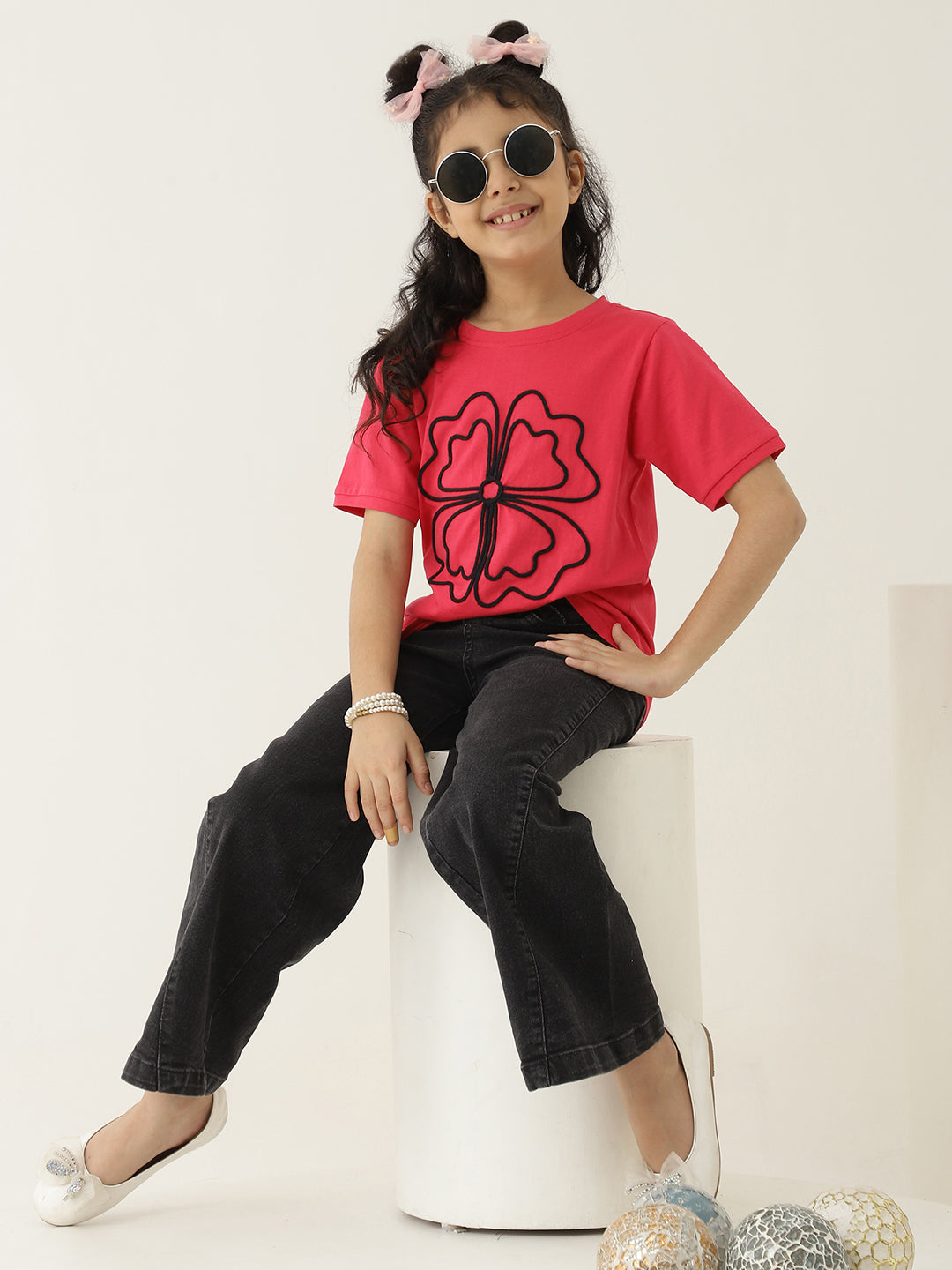 Pure Cotton Knit Flower Embroidered T-Shirt