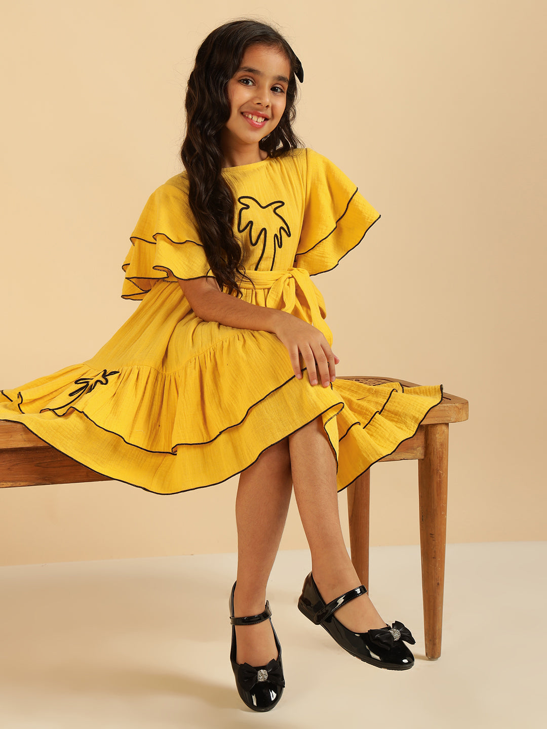 Yellow Embroidered Palm Motif Pure Cotton Gauze Girls Dress