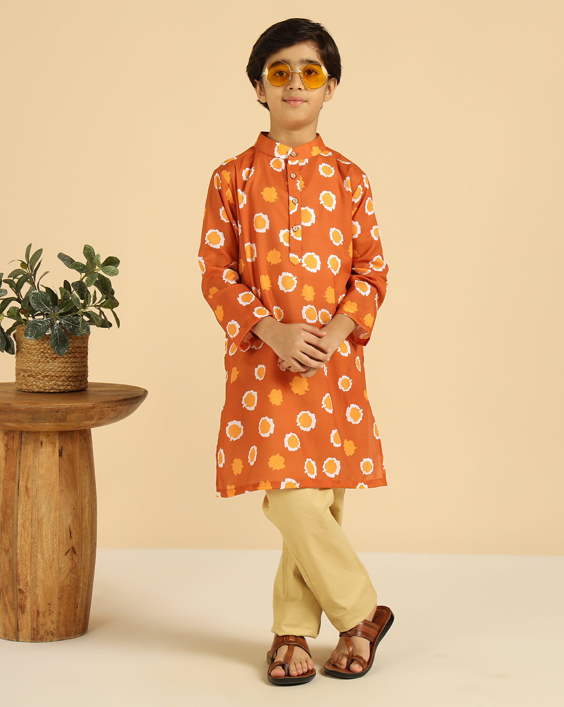 Tan Brown Printed Boys Kurta
