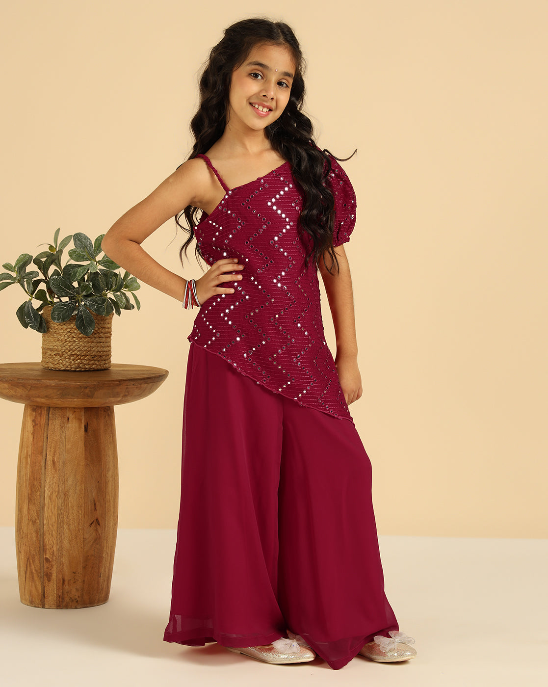 Magenta Embroidered One Shoulder With Palazzo Girls Co-Ord Set