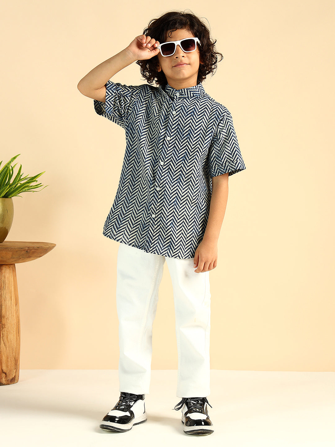 Blue Zig-Zag Pure Cotton Casual Boys Shirt
