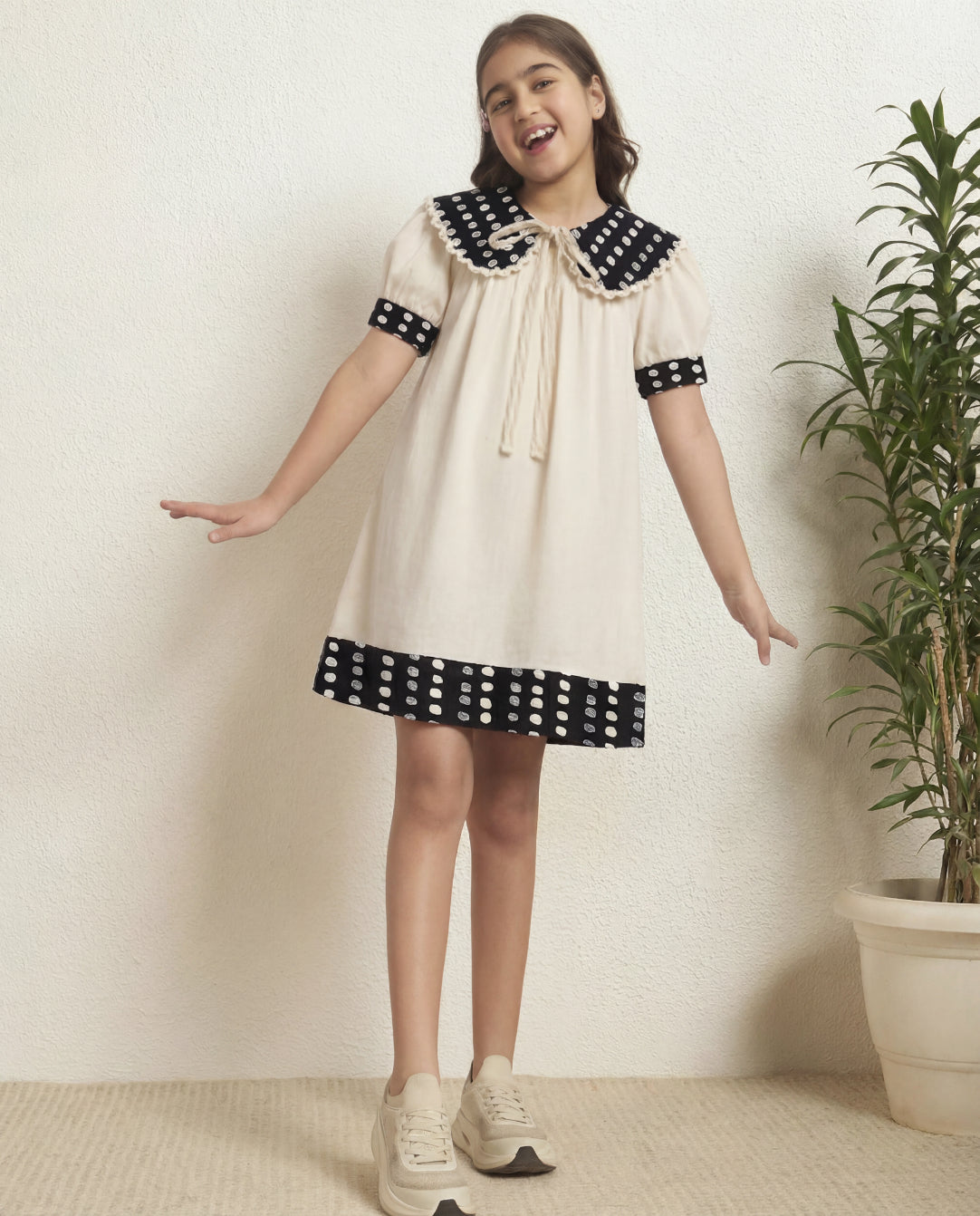 Off White Cotton With Black Polka Girls A-Line Dress