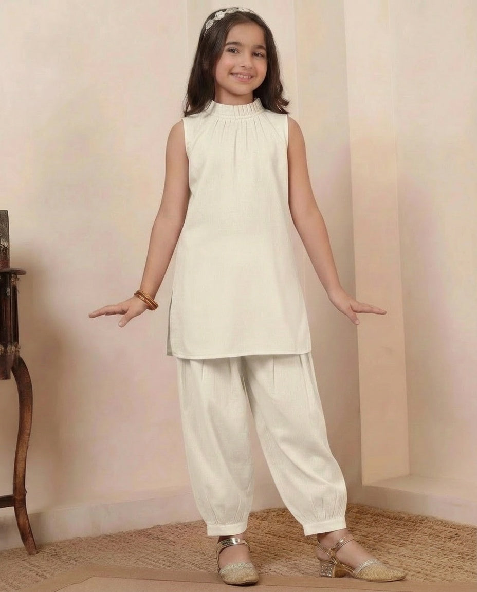 Off White Cotton Kurta With Pant Girls Co-ord Set