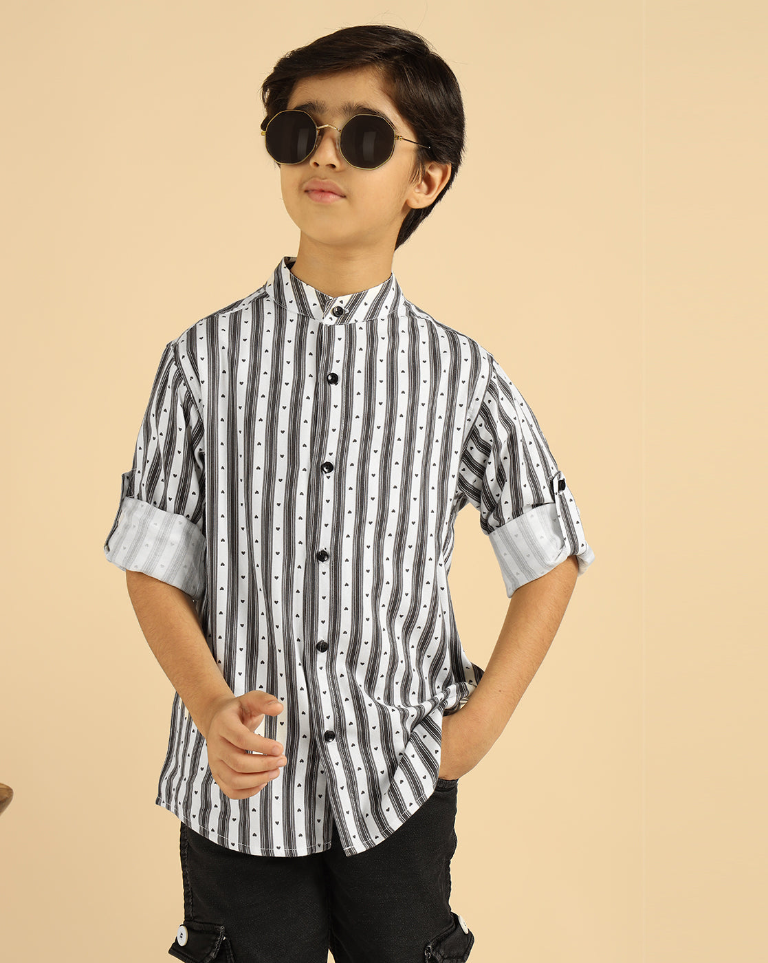 Black Striped Heart Printed Boys Shirt