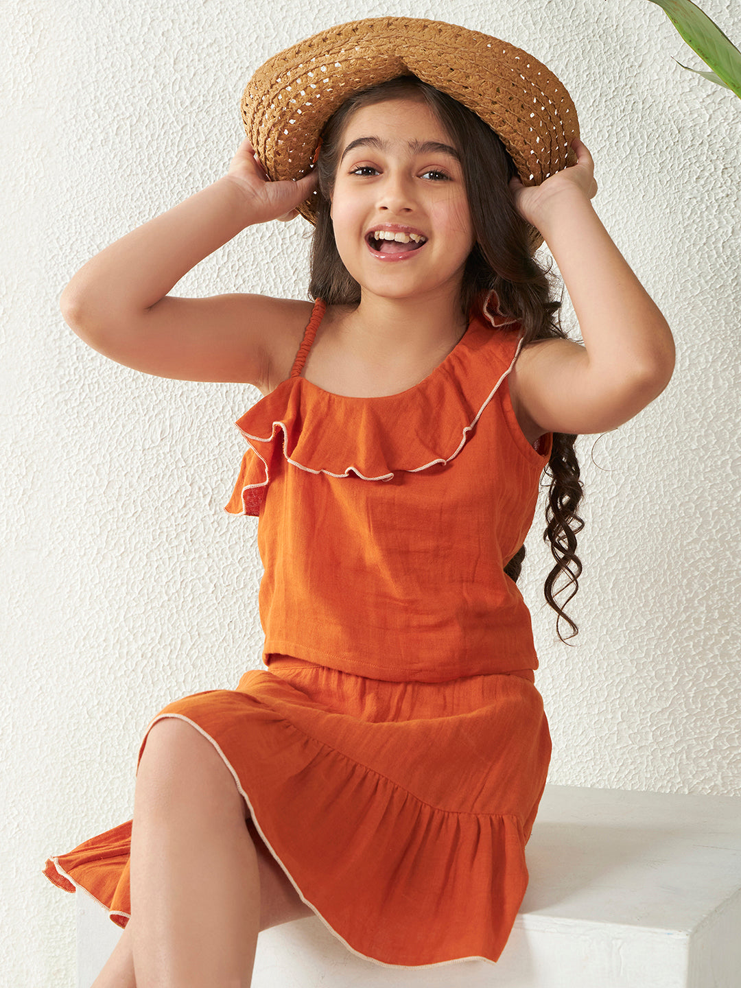 Orange One Shoulder Top With Tiered Skirt Co-Ord Set