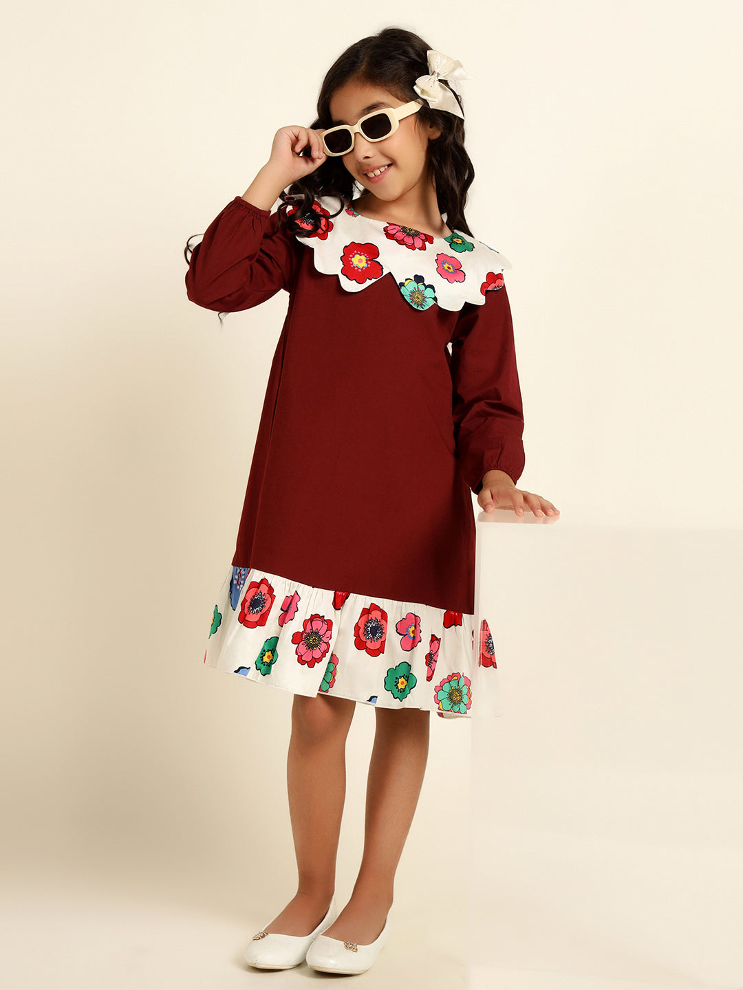 Full Sleeves Scalloped Collar A-Line Dress