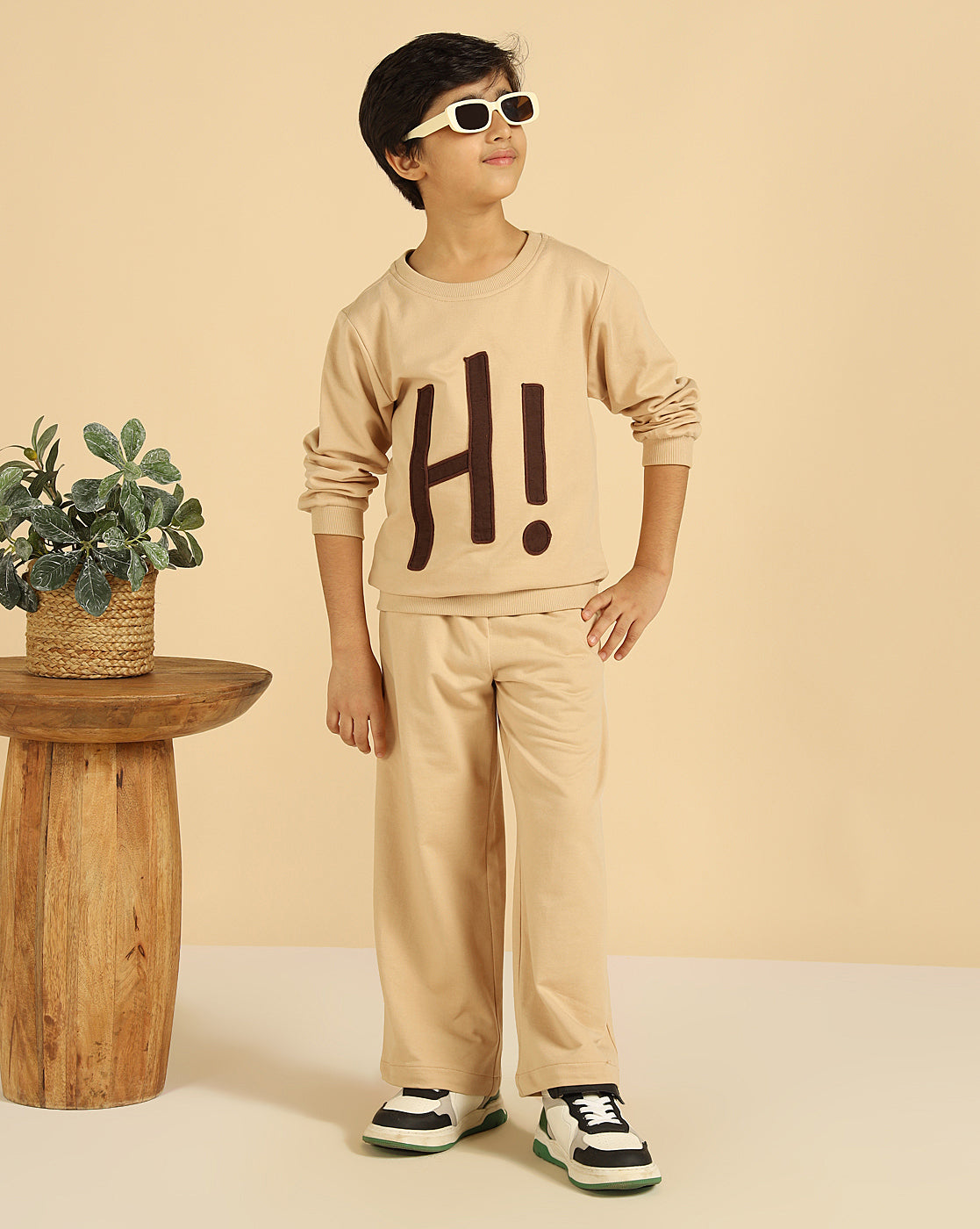 Pure Cotton Beige Patch Work Boys Co-Ord Set