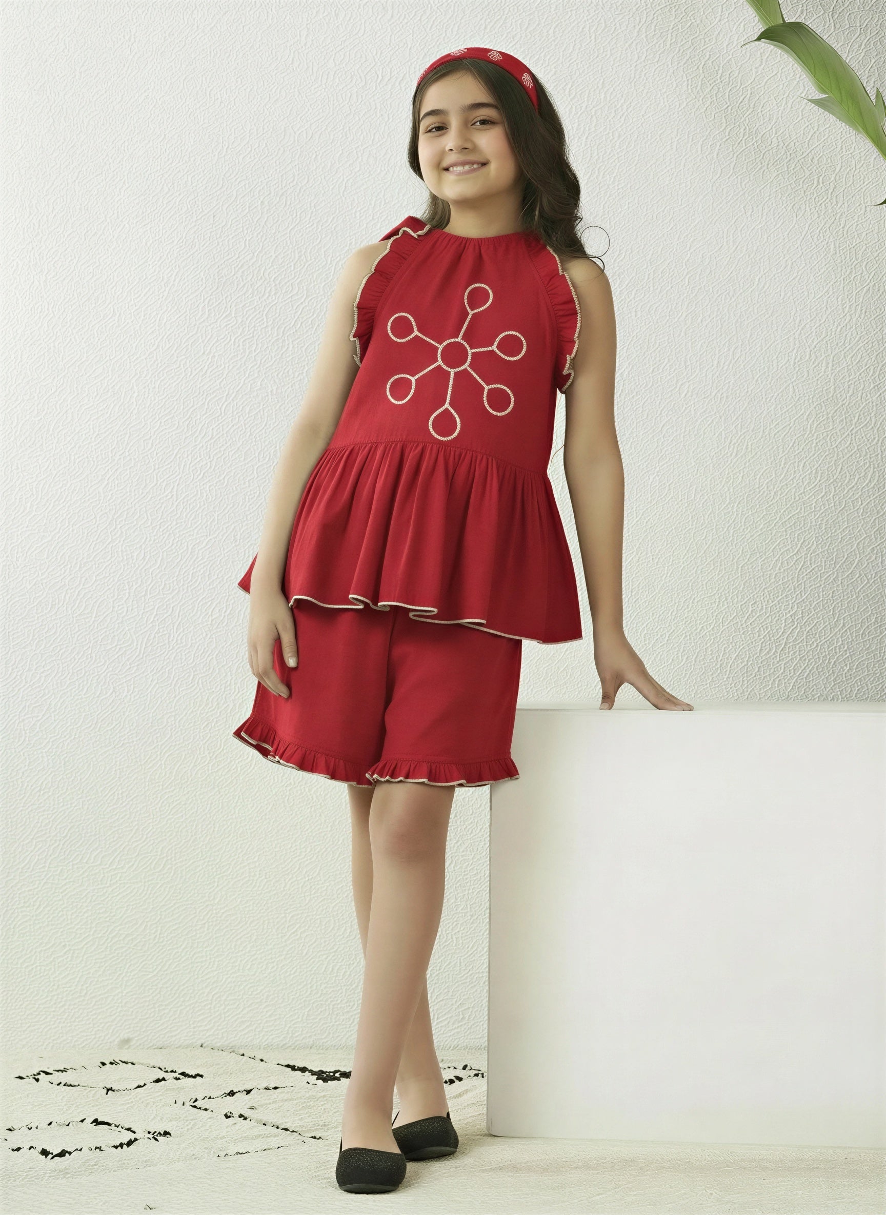Red Halten Neck Embroidered Cotton Top With Shorts Co-ord Set