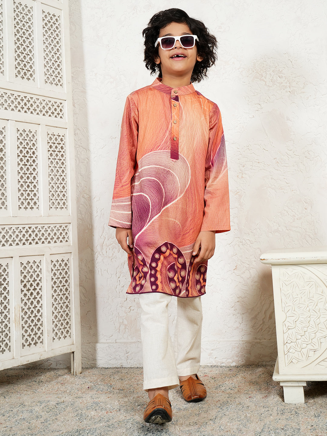Abstract Print Peach Kurta For Boys