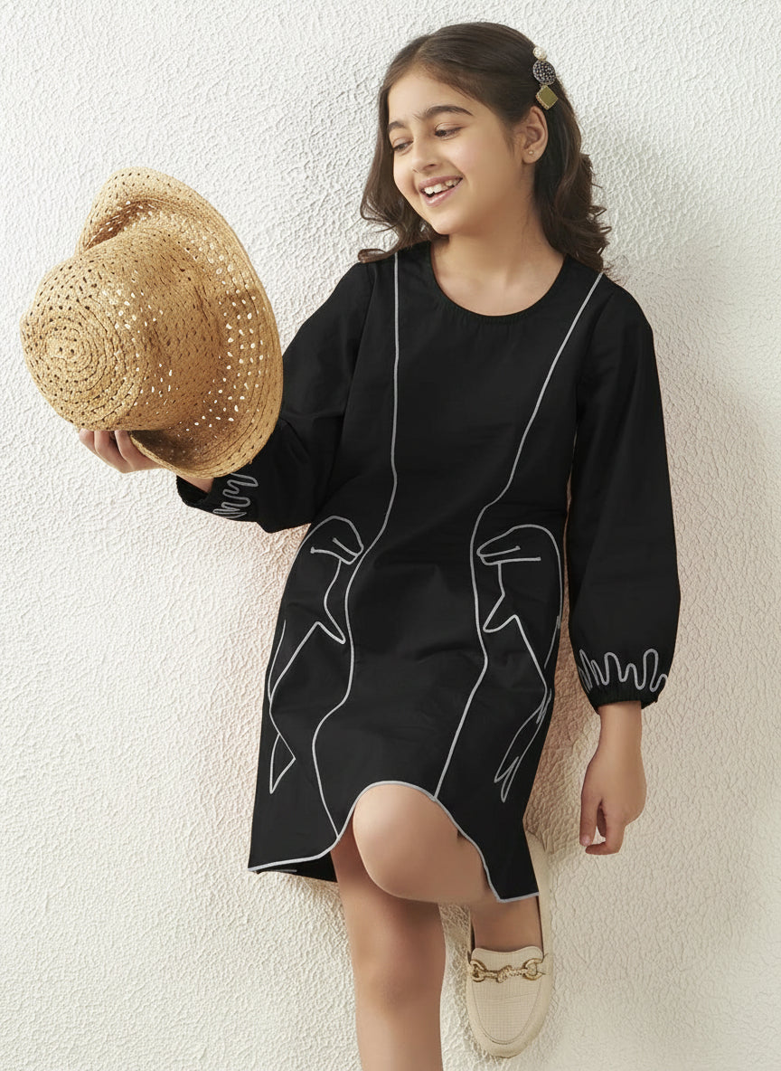 Fish Motif Black Brown Cotton Panel Dress
