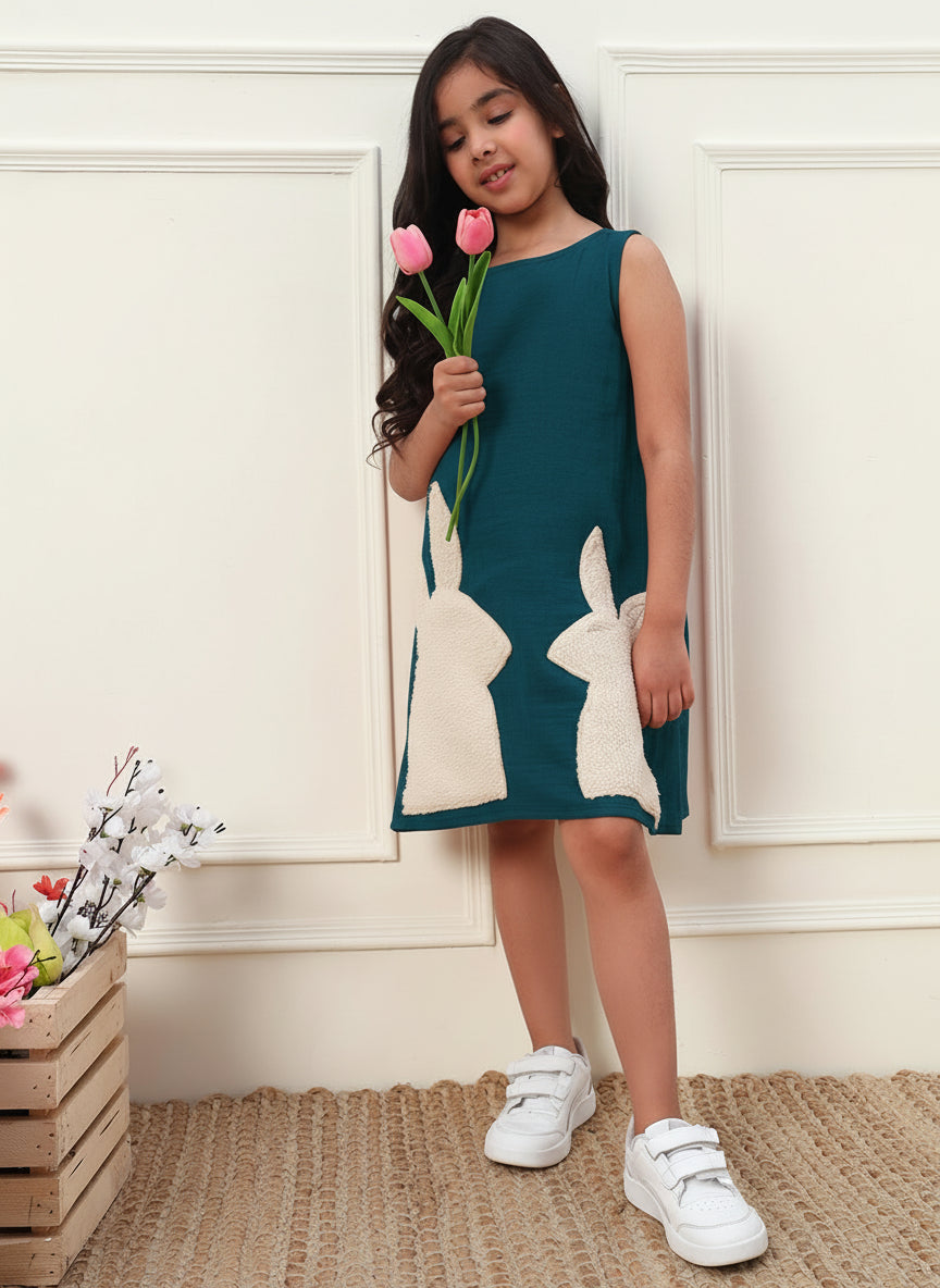 Playful Bunny Cotton Gauze Dress For Kids