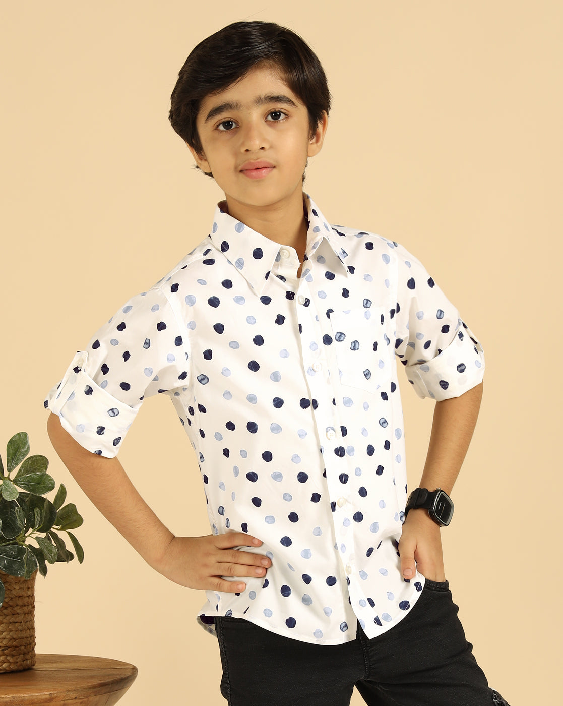 Pure Cotton White Polka Boys Shirt