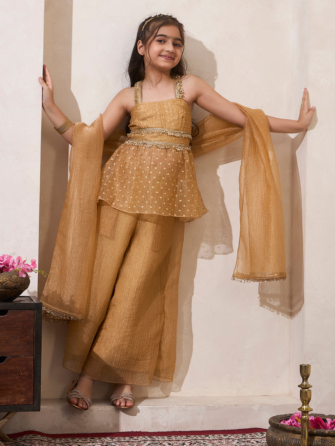 Golden Shimmer Butti Work Peplum Top & Palazzo With Dupatta