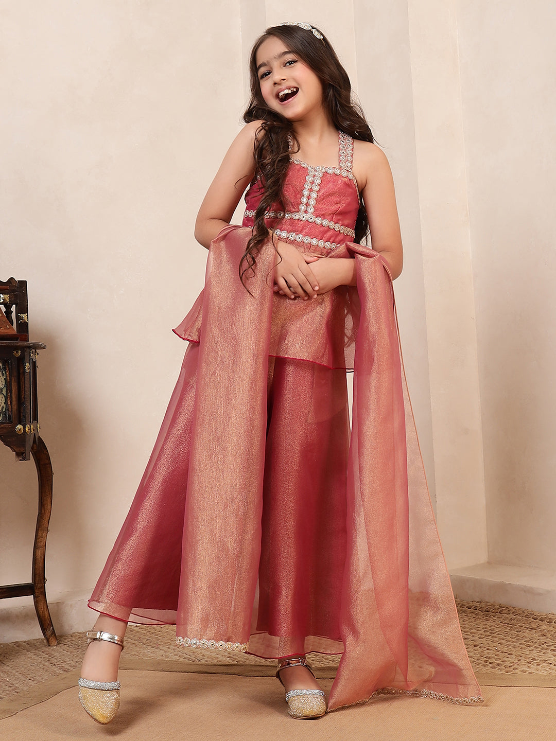 Peplum Top & Palazzos With Dupatta 3 Pieces Fusion Co-Ord Set