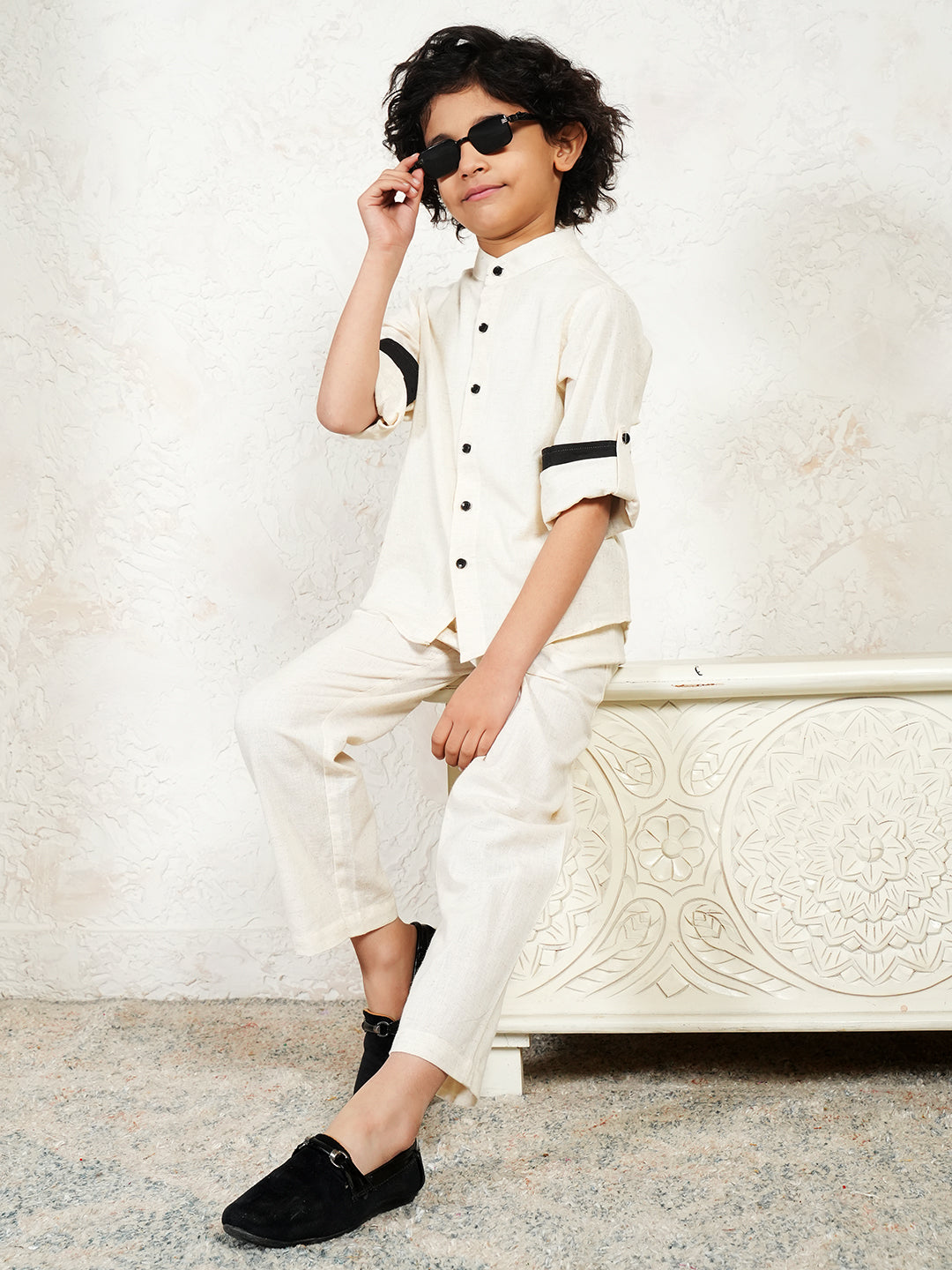 Off White Pure Cotton Flex Co-Ord Set For Boys