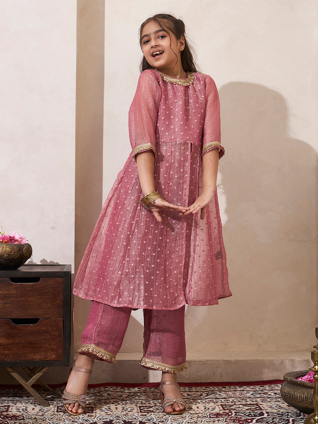 Girl's Pink Shimmer Butti Work Long Kurta & Pant Set