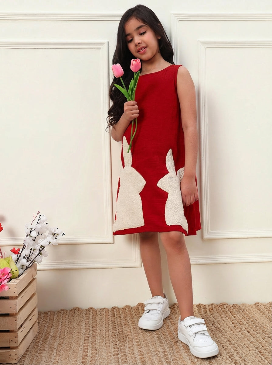 Playful Bunny Cotton Gauze Dress For Kids