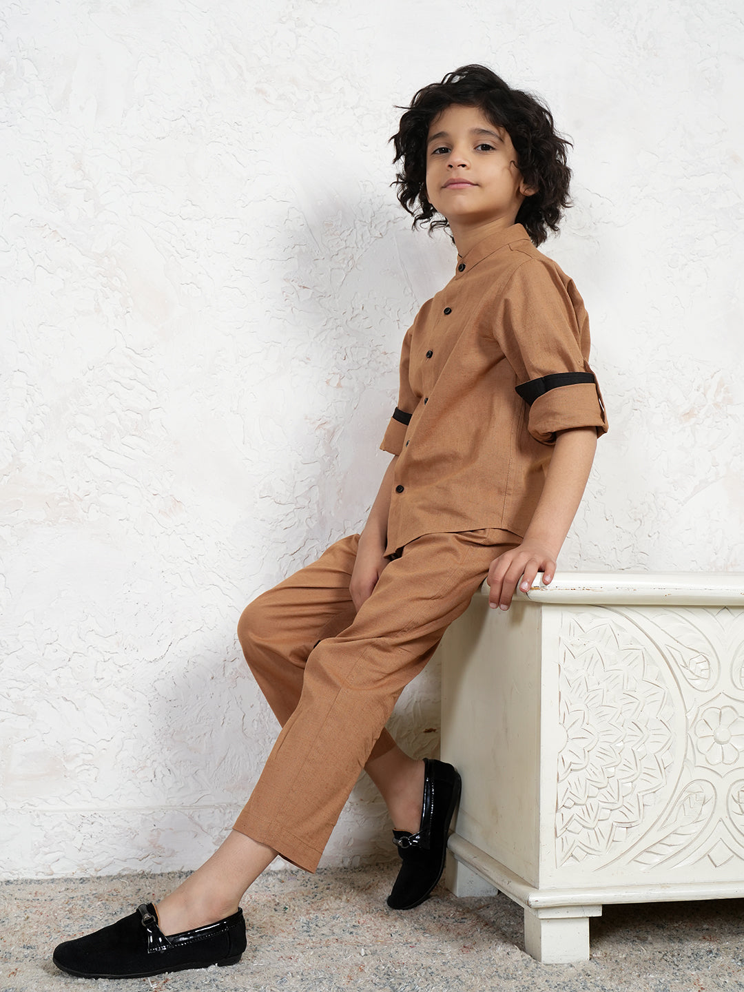 Beige Pure Cotton Flex Co-Ord Set For Boys