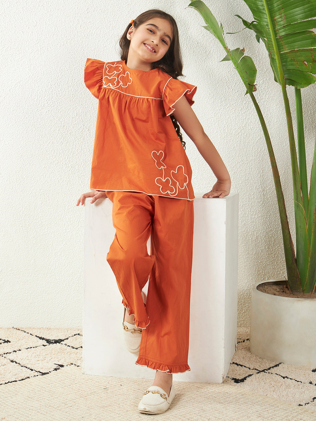 Girls Tan Brown Cotton Poplin Dori Work Top & Frill Pant Co-Ord Set