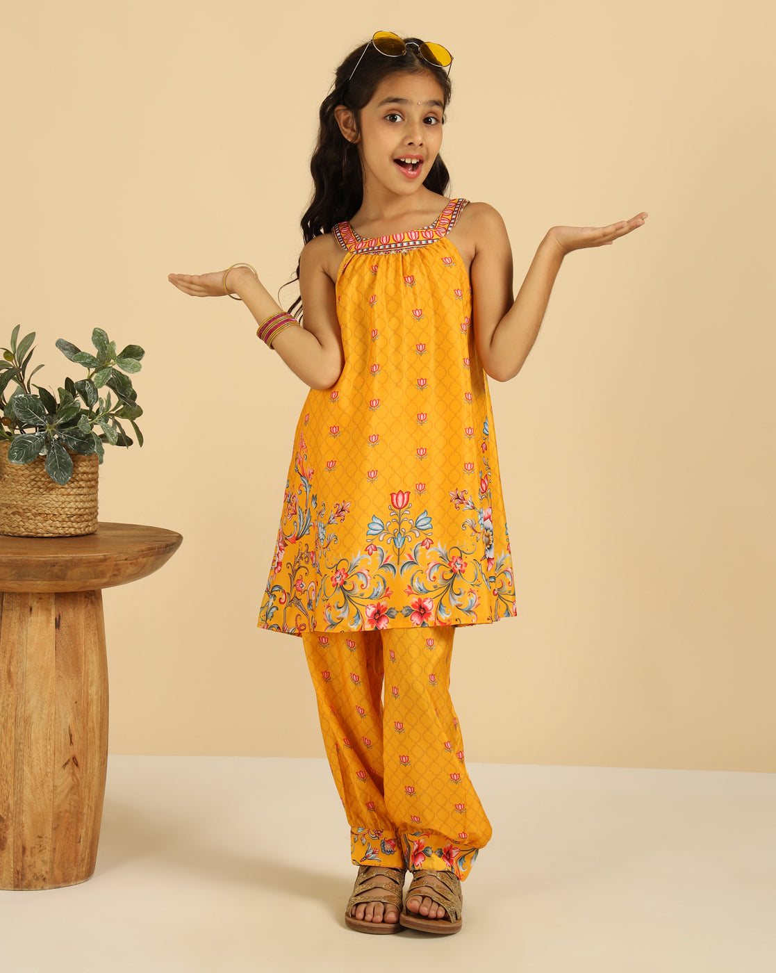 Yellow Halter Neck Top With Gathered Pant Indo Western Girls Co-Ord Set