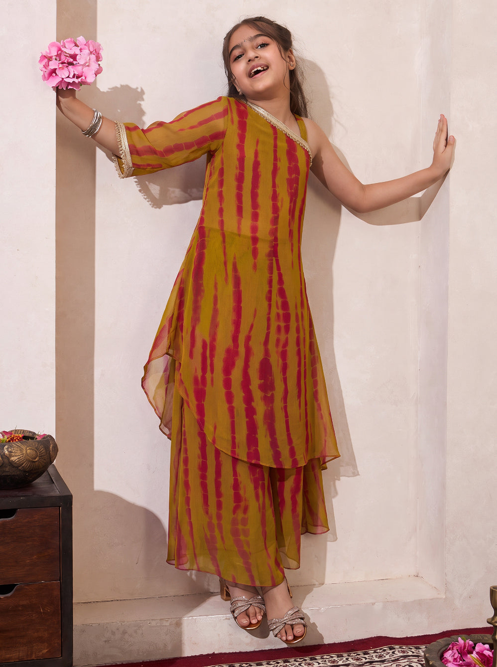 Multicolor Tie Dye Chiffon One Shoulder Kurta With Palazzo