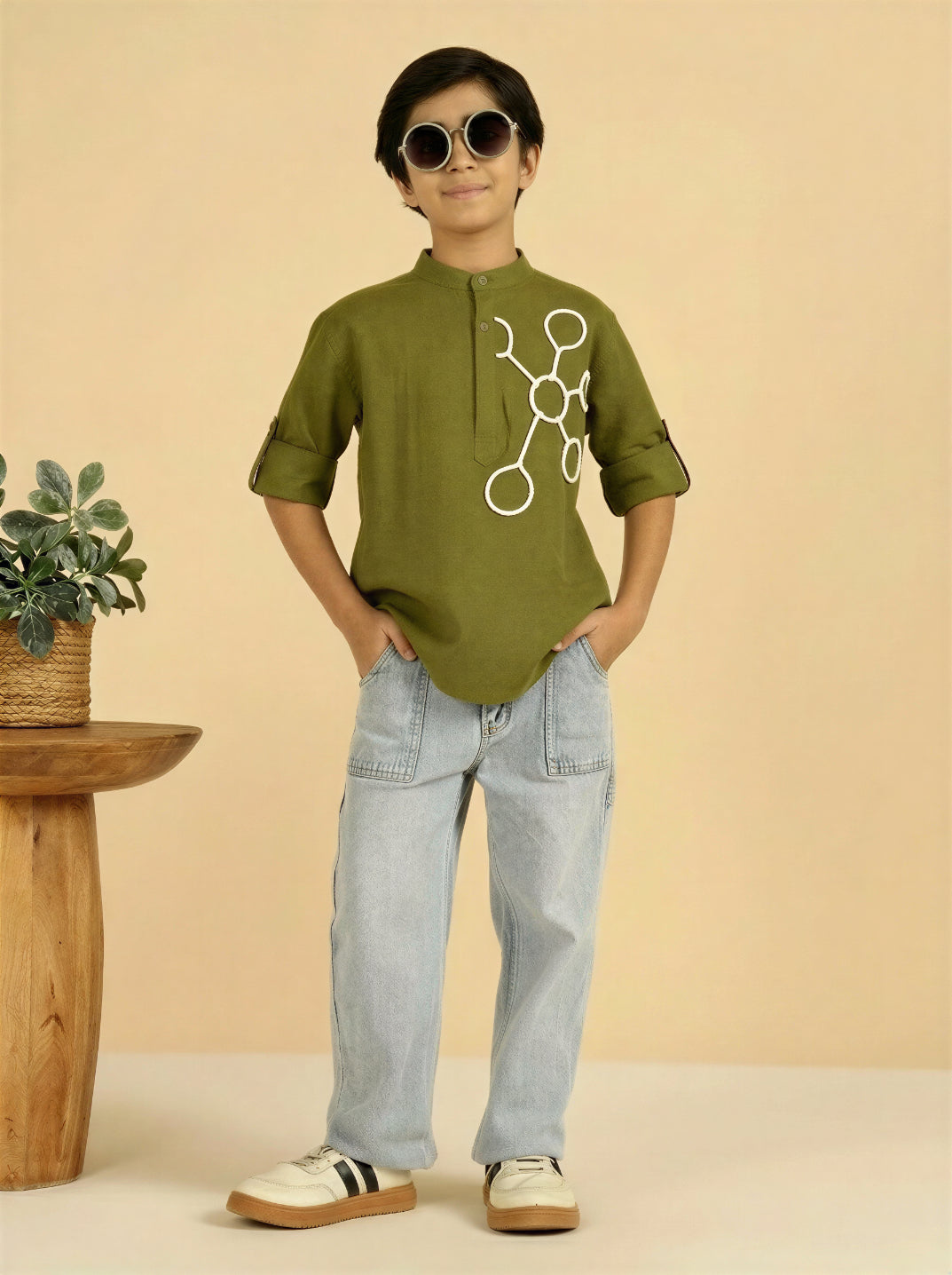 Sea Green Cotton Mandrain Collar  Short Kurta For Boys