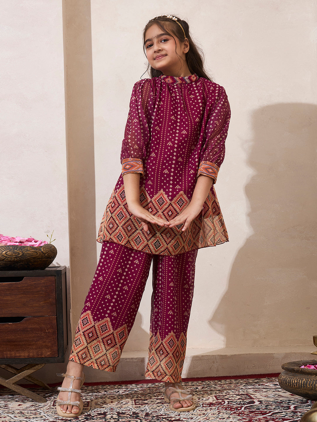 Wine B&hani Gathered Neck Kurta With Pant