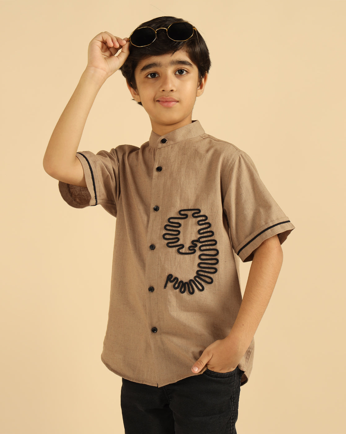 Embroidered Beige Casual Boys Shirt