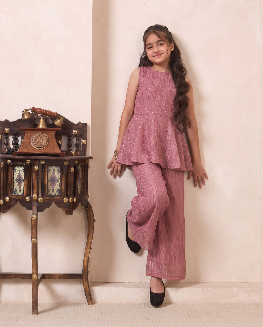 Girl's Solid Pink Shimmer Butta Peplum Top & Palazzo Set