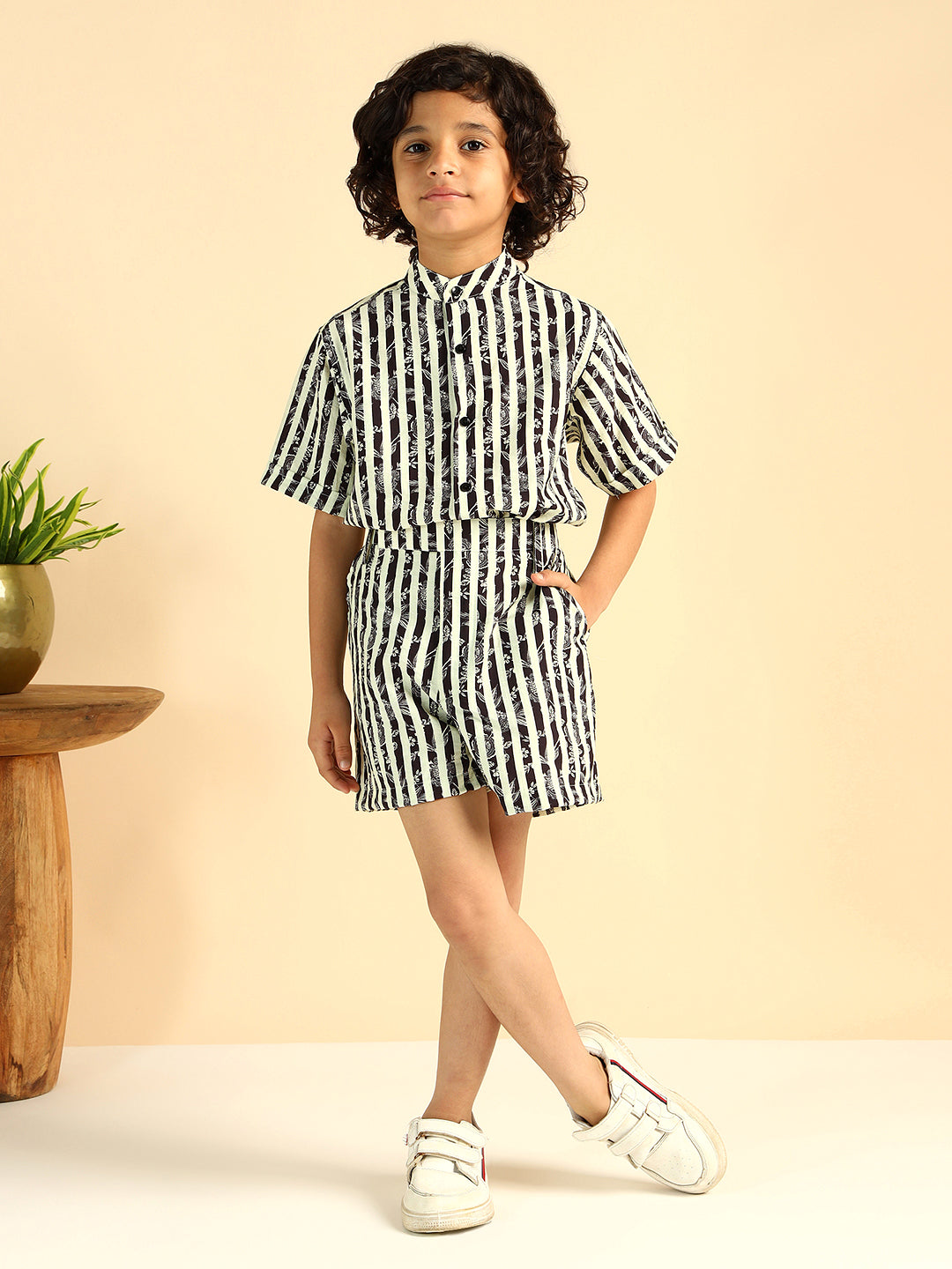 Black Striped Shirt With Short Boys Co-Ord Set