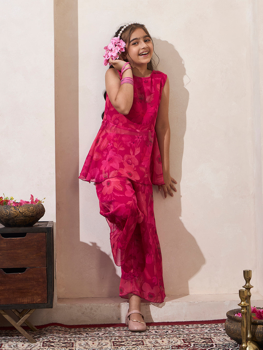 Girl's Magenta Peplum Top & Palazzo Set