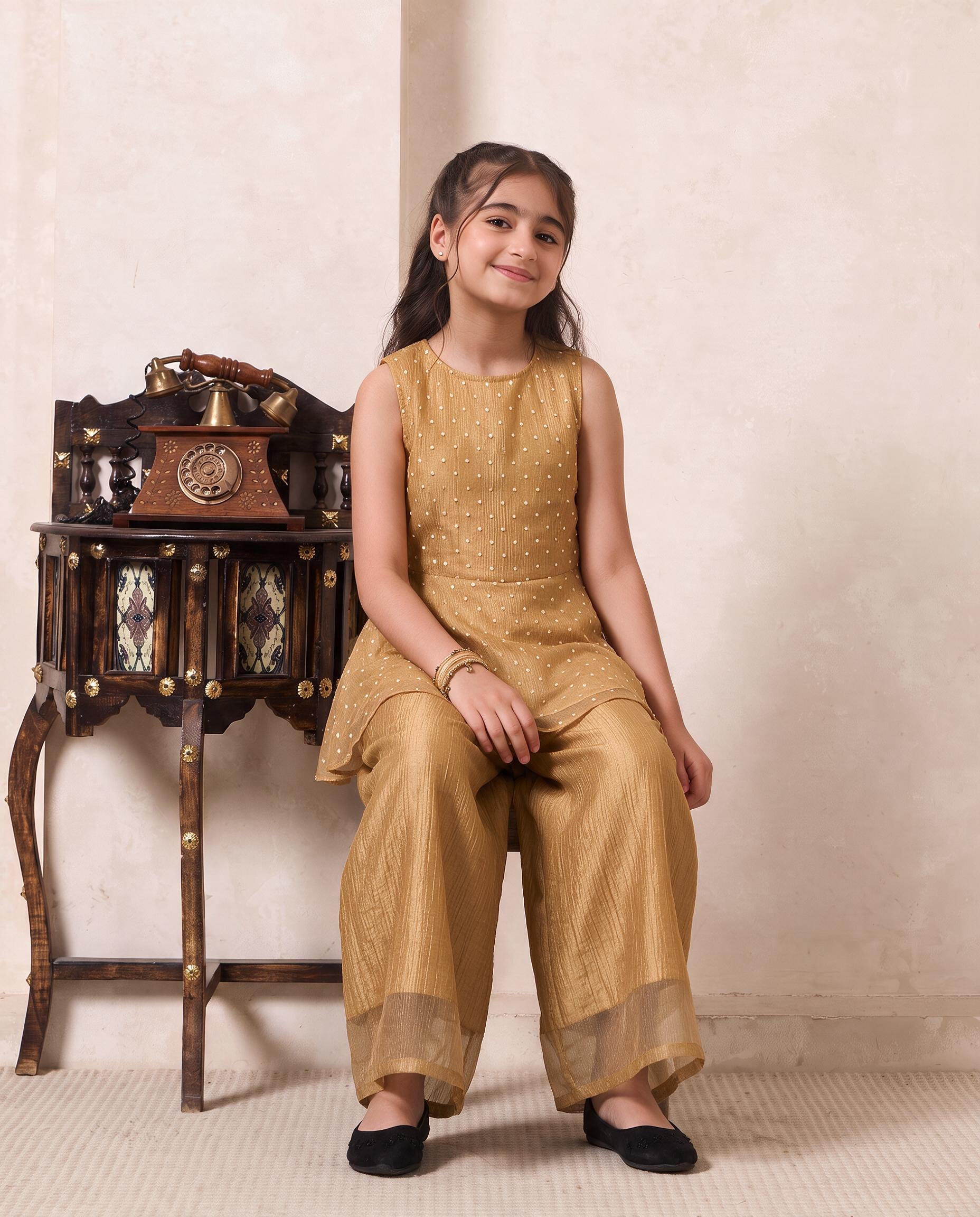 Girl's Golden Solid Shimmer Butta Peplum Top & Palazzo Set
