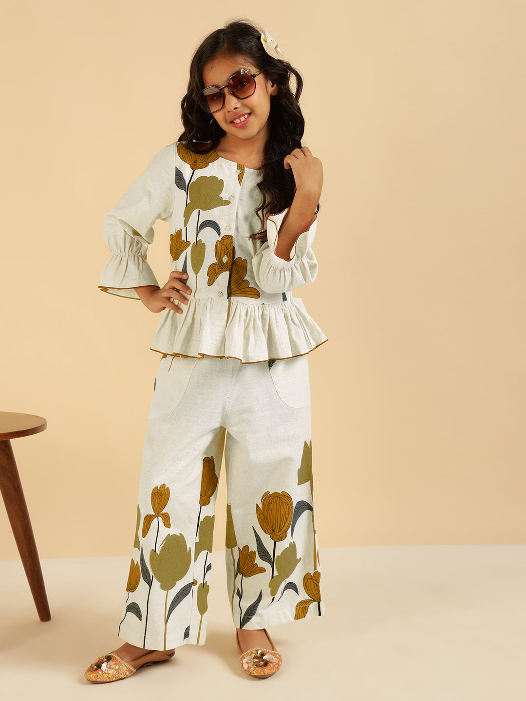Self Printed Peplum Shirt With Pant Girls Co-Ord Set