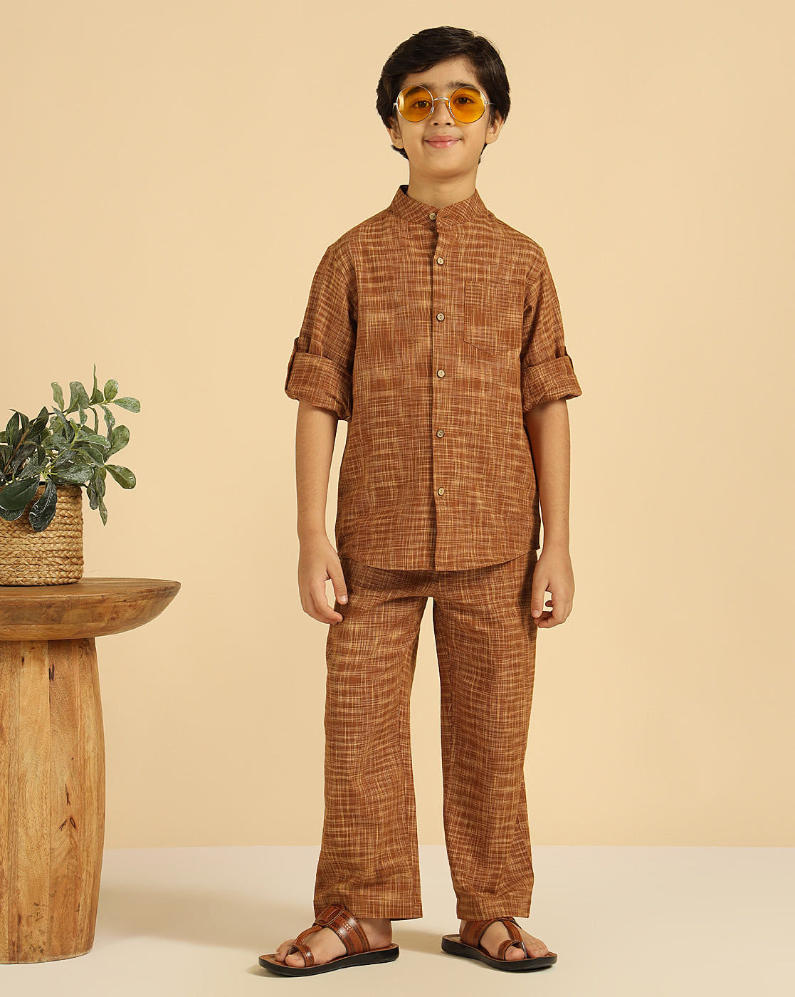 Brown Pure Cotton Khadi Boys Co-Ord Set