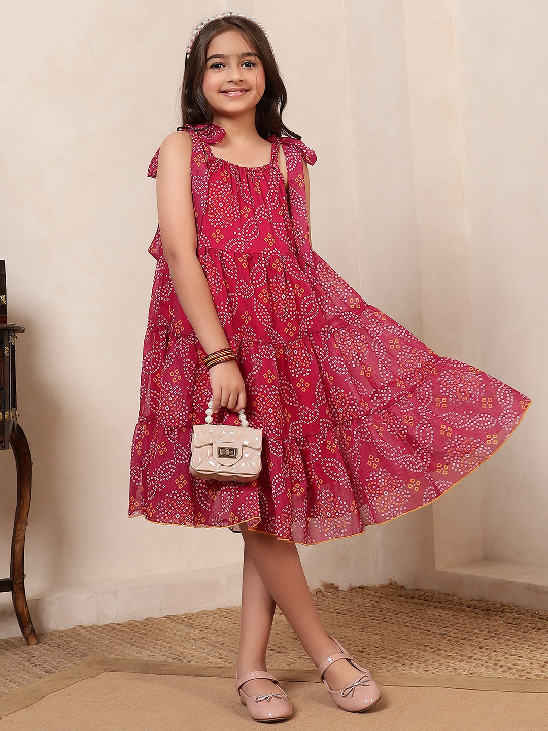 Pure Chiffon Bandhani Tiered Dress