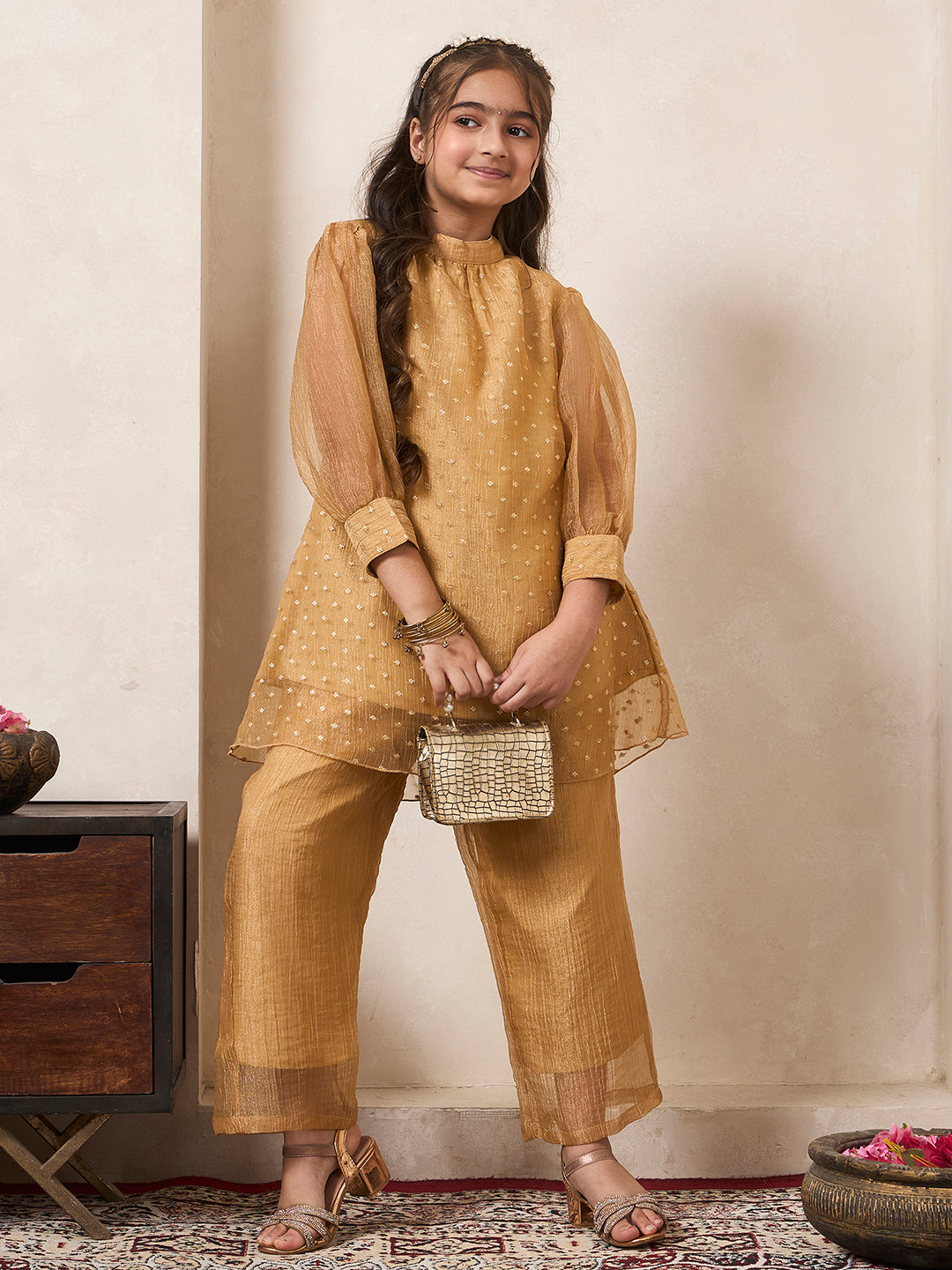 Golden Shimmer Butti Work Gathered Neck Kurta With Pant