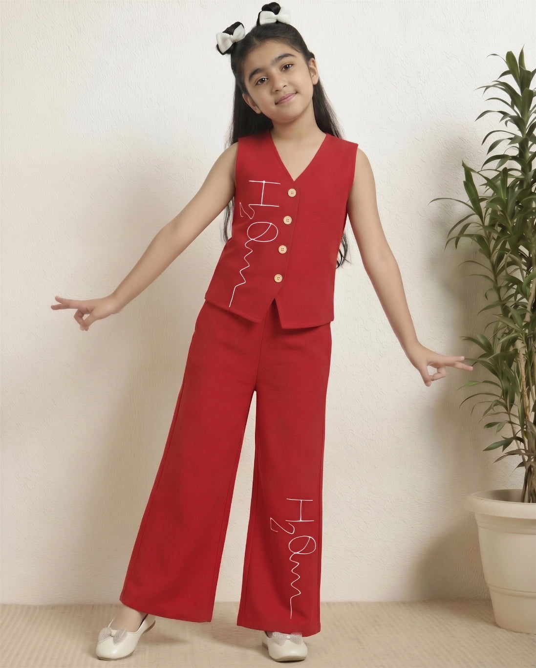 Red Cotton V-Neck Waist Coat With Palazzo Co-ord Set For Girls