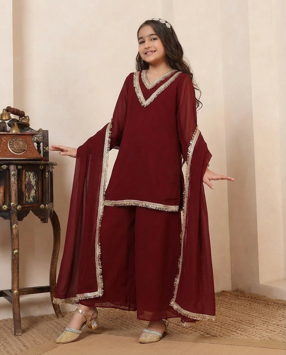 Georgette Maroon 3 Piece Co-Ord Set