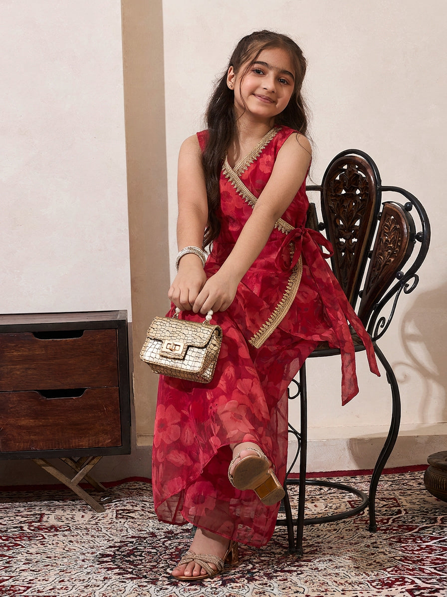 Magenta Floral Print Chiffon Angrakha & Palazzo Set