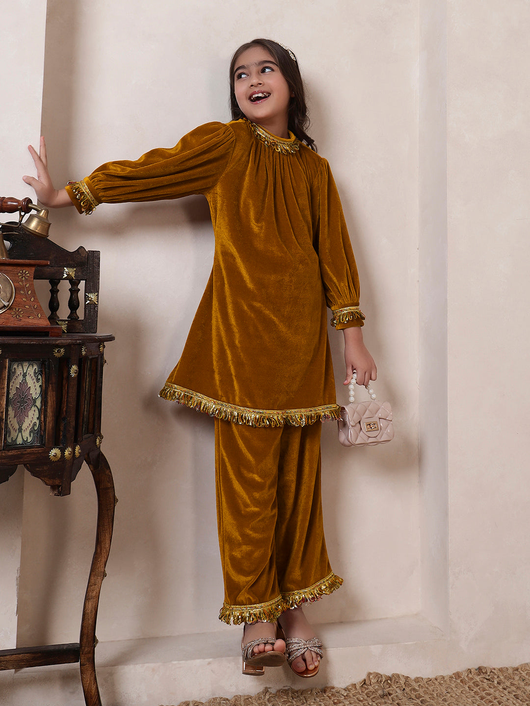 Mustard Velvet Band Collar Kurta Set