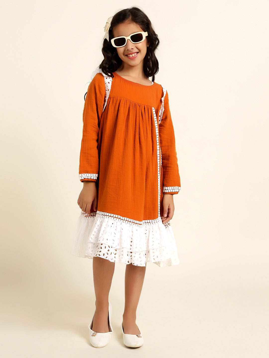 Pure Cotton With Schiffli Tiered Dress For Girls