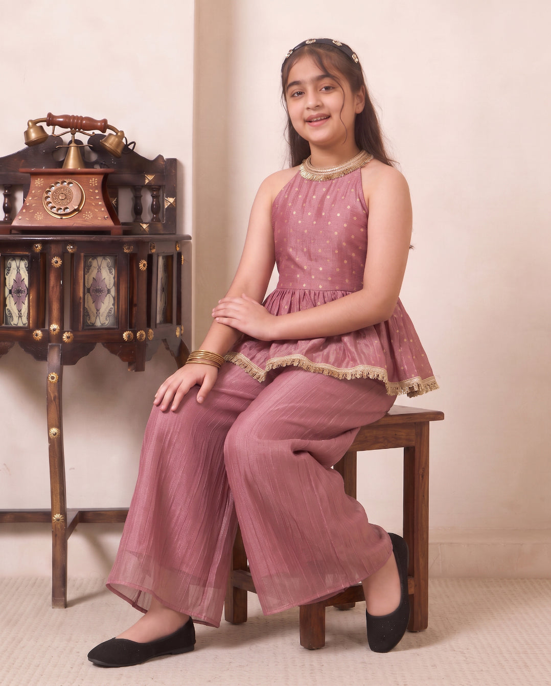 Girl's Pink Solid Shimmer Butta Peplum Top & Palazzo Set