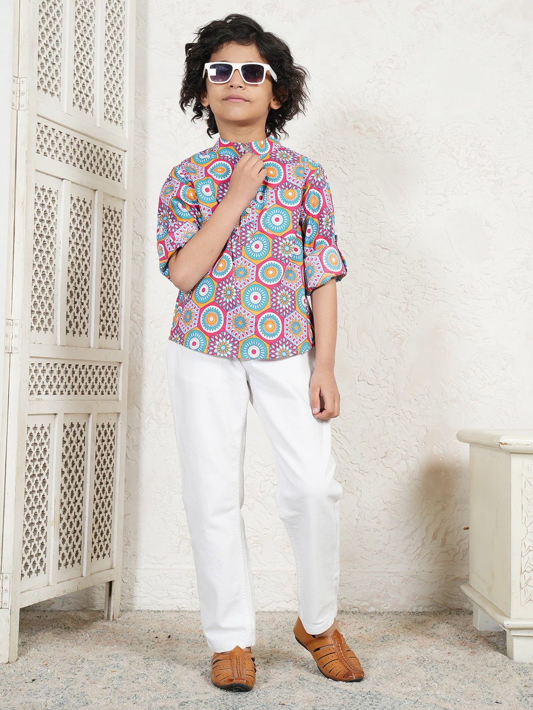 Multi Color Geometric Print Boys Kurta