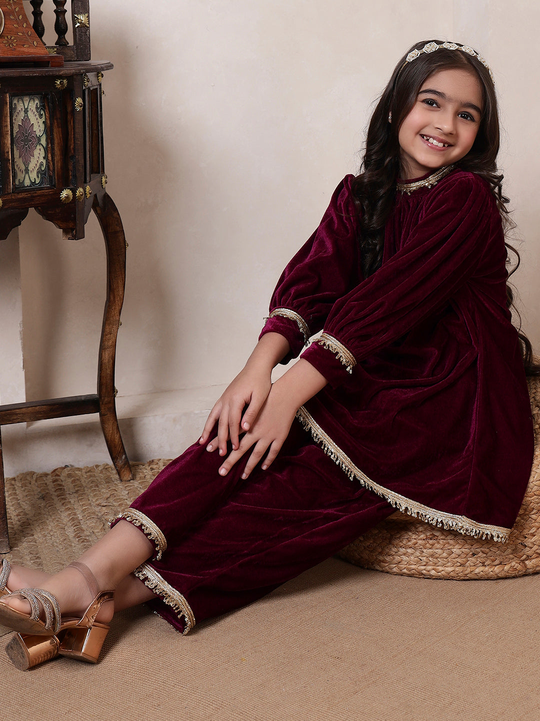 Velvet Band Collar Fusion Kurta Set