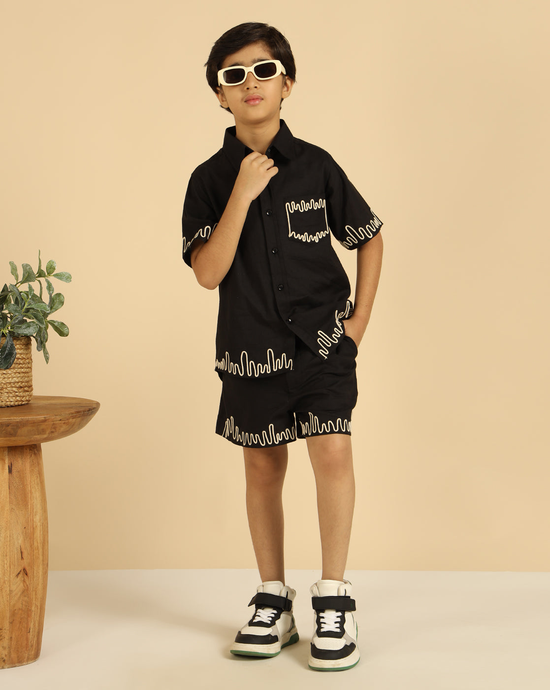 Black Embroidered Shirt With Short For Boys