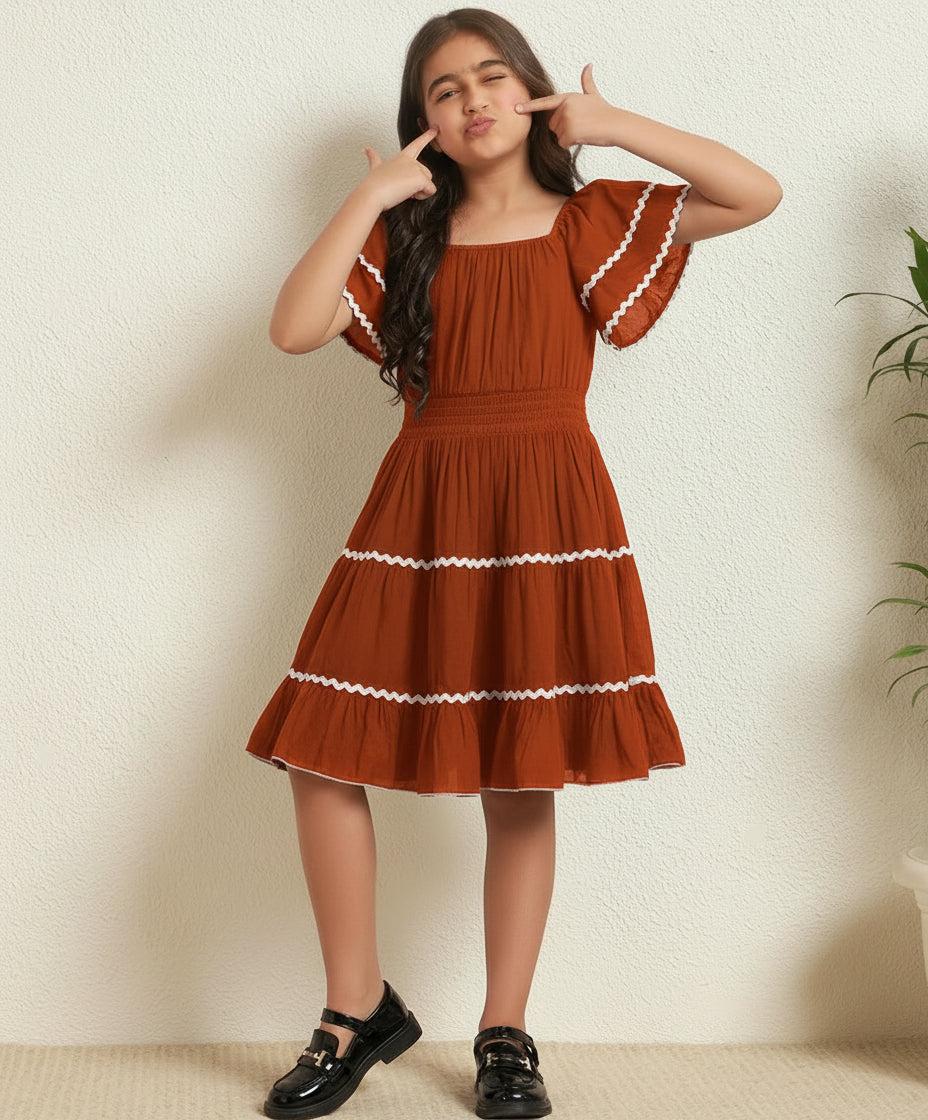 Tan Tiered Dress For Kids