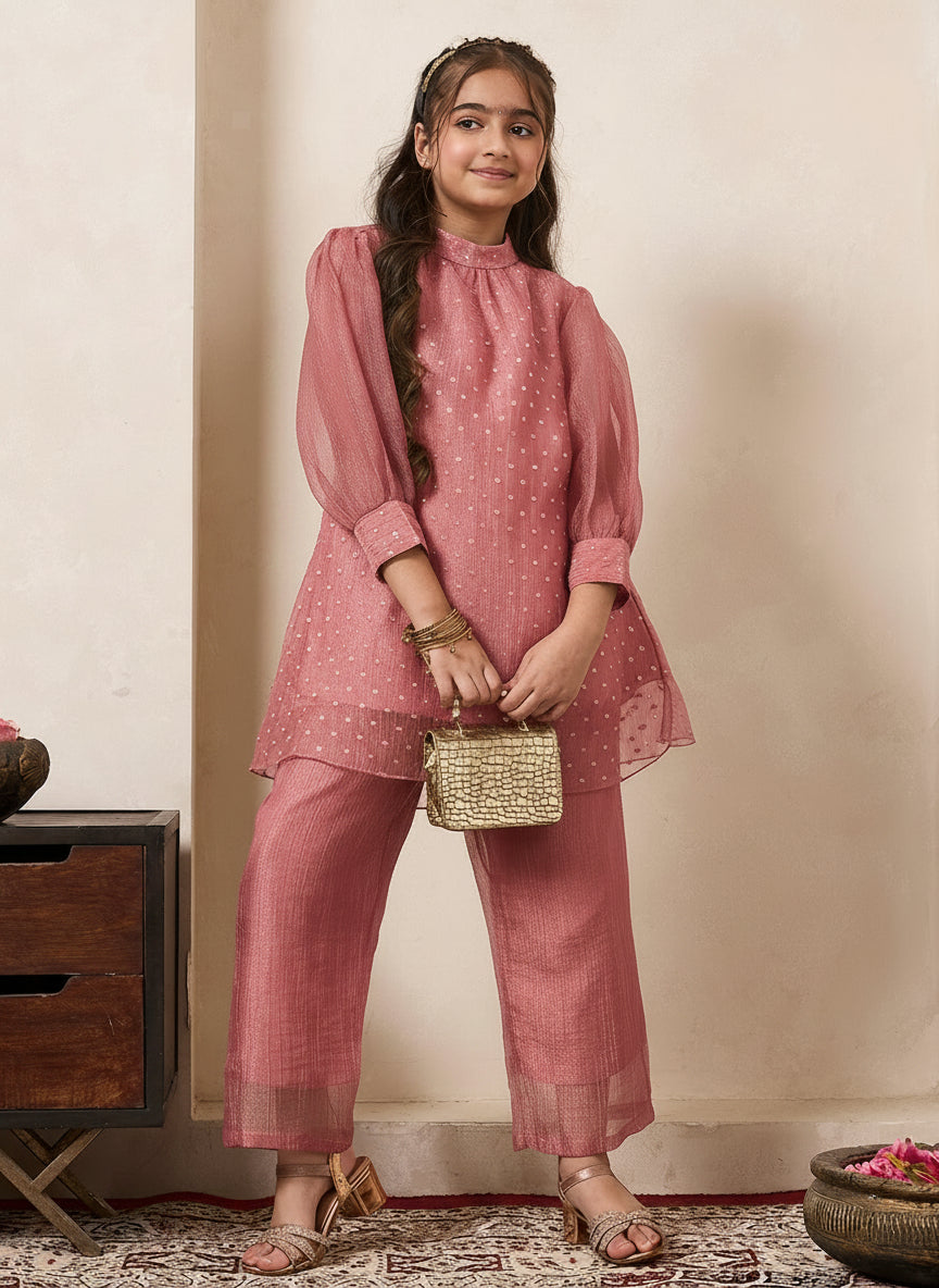 Pink Solid Shimmer Butta Work Gathered Neck Kurta With Pant