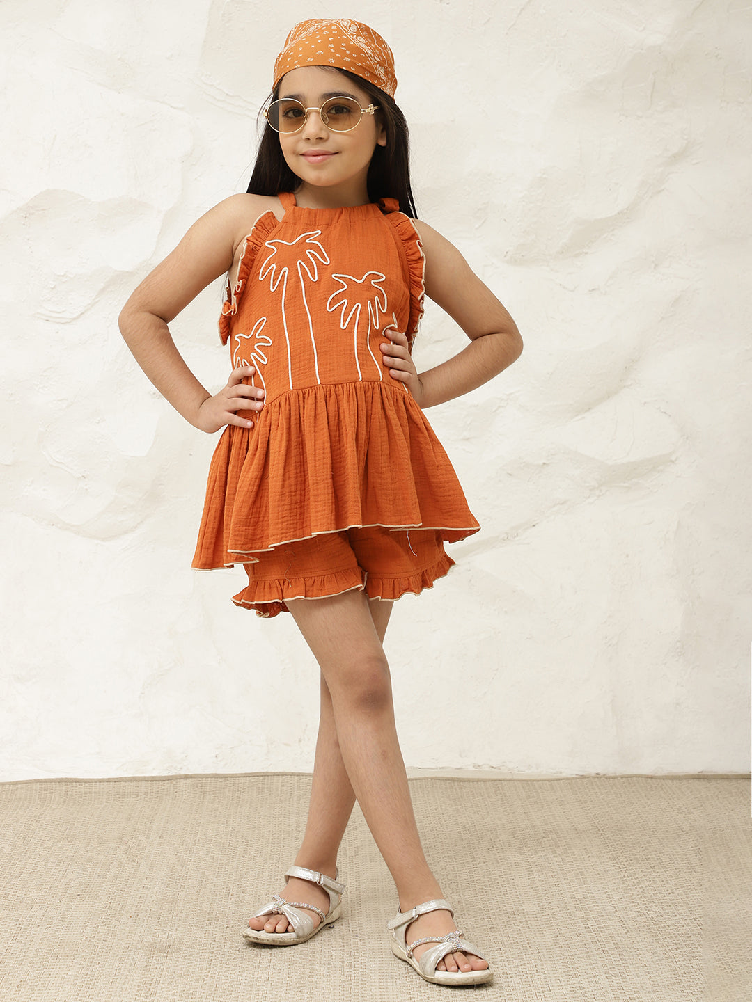 Tan Brown Pure Cotton Halter Neck Peplum Top & Shorts