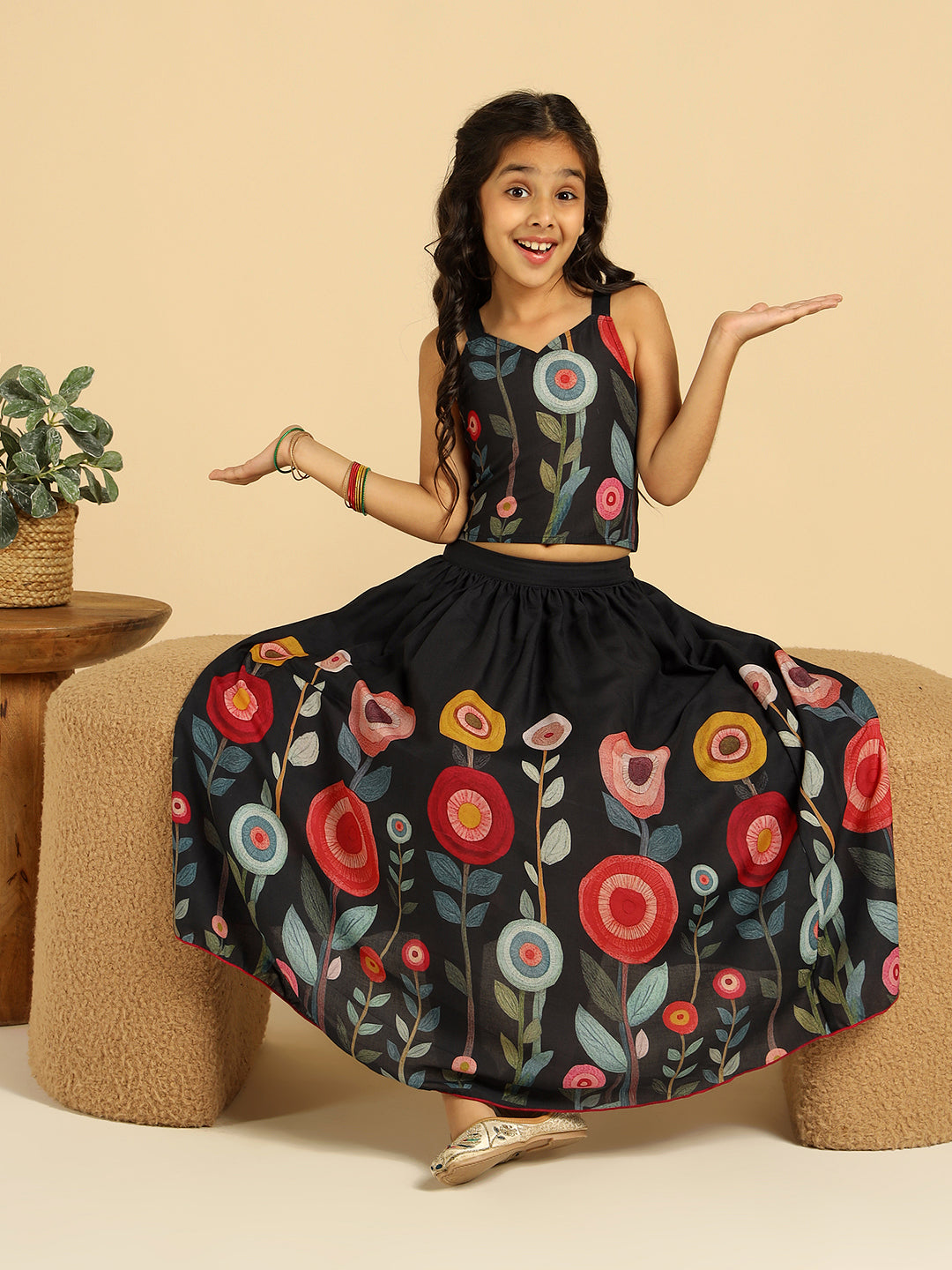 Black Floral Top With Skirt Indo Western Girls Co-Ord Set